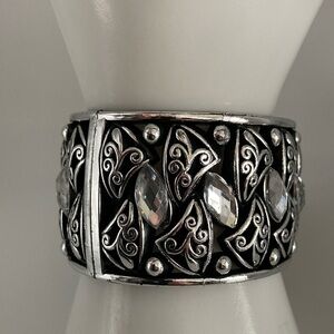 New Cuff Bracelet Hinge Opening Black Silver Tone Clear Stones Womens